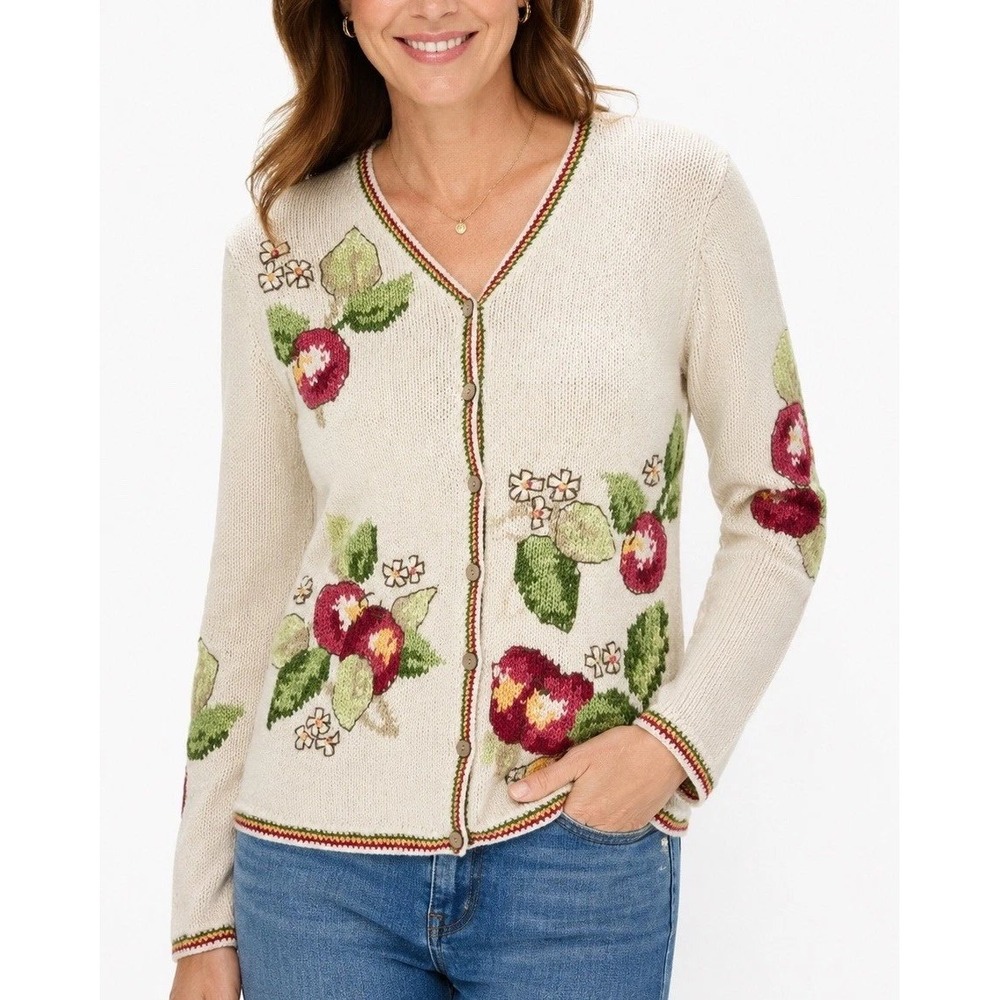 Talbots Womens Small Cardigan Sweater Beige Apple Fruit V-Neck Knit Cottagecore